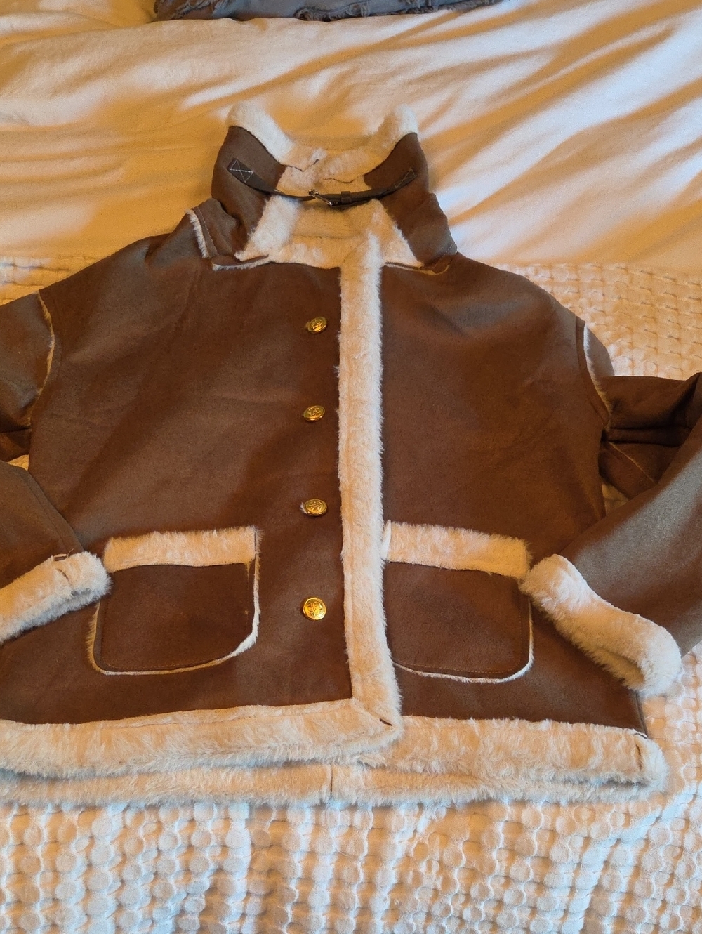 Brown Faux Shearling Jacket with Cream Trim